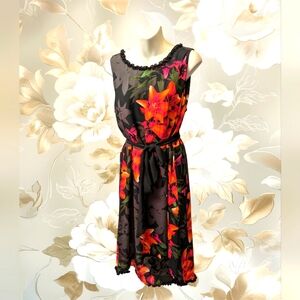 Women's High Low Floral Pattern Dress with Pockets Belt & Lining Size 14